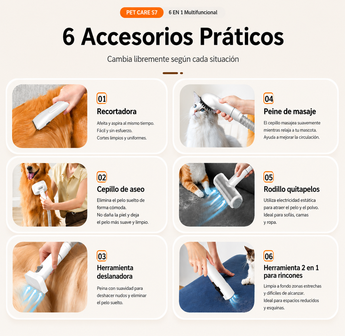 Kit de Cepillado con Aspiración 7 en 1 para Mascotas