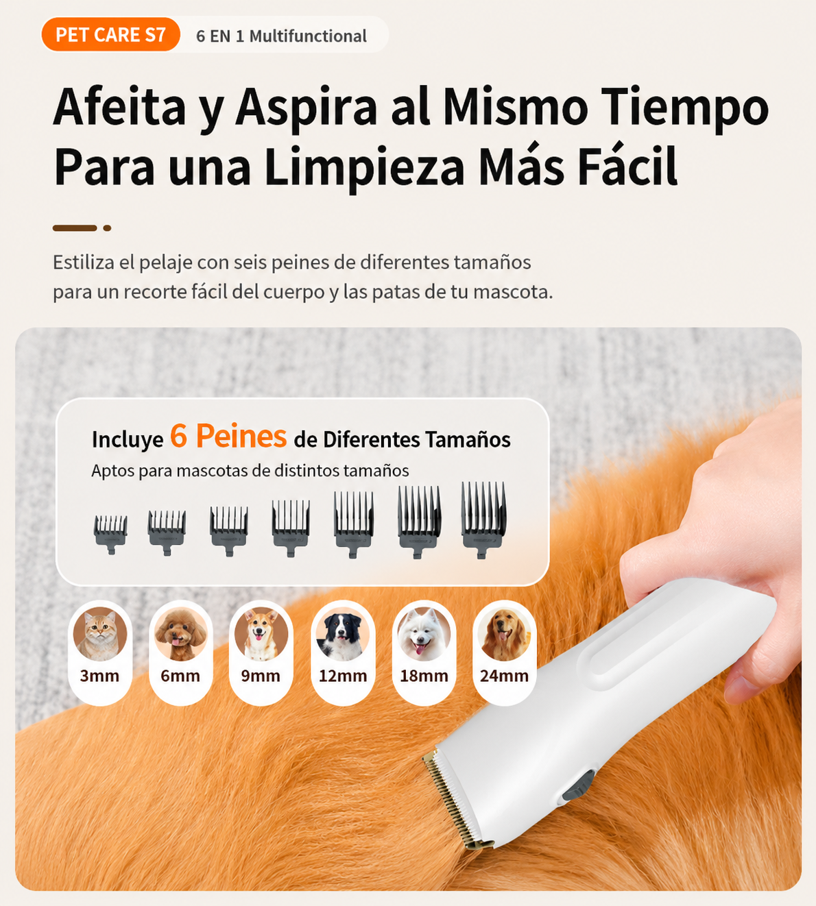 Kit de Cepillado con Aspiración 7 en 1 para Mascotas